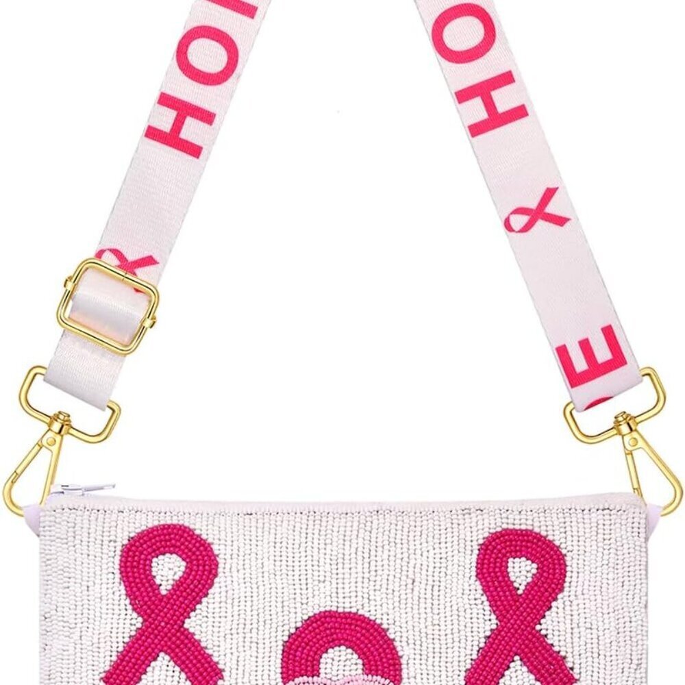Pink Beaded Crossbody Breast Cancer Awareness Purse for Women, Zipper Closure, A